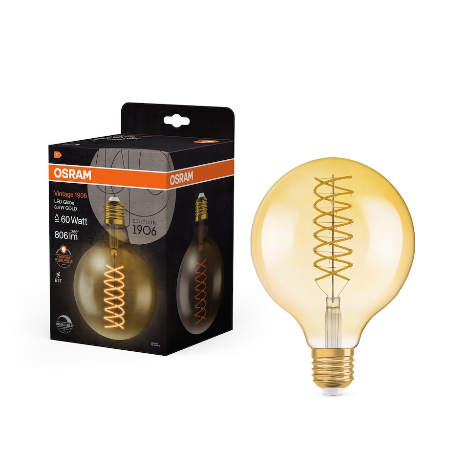 image 1 of Osram Vintage 1906 LED Globe Gold Filament Lamp Bulb E27 60W Warm White 4 Pack