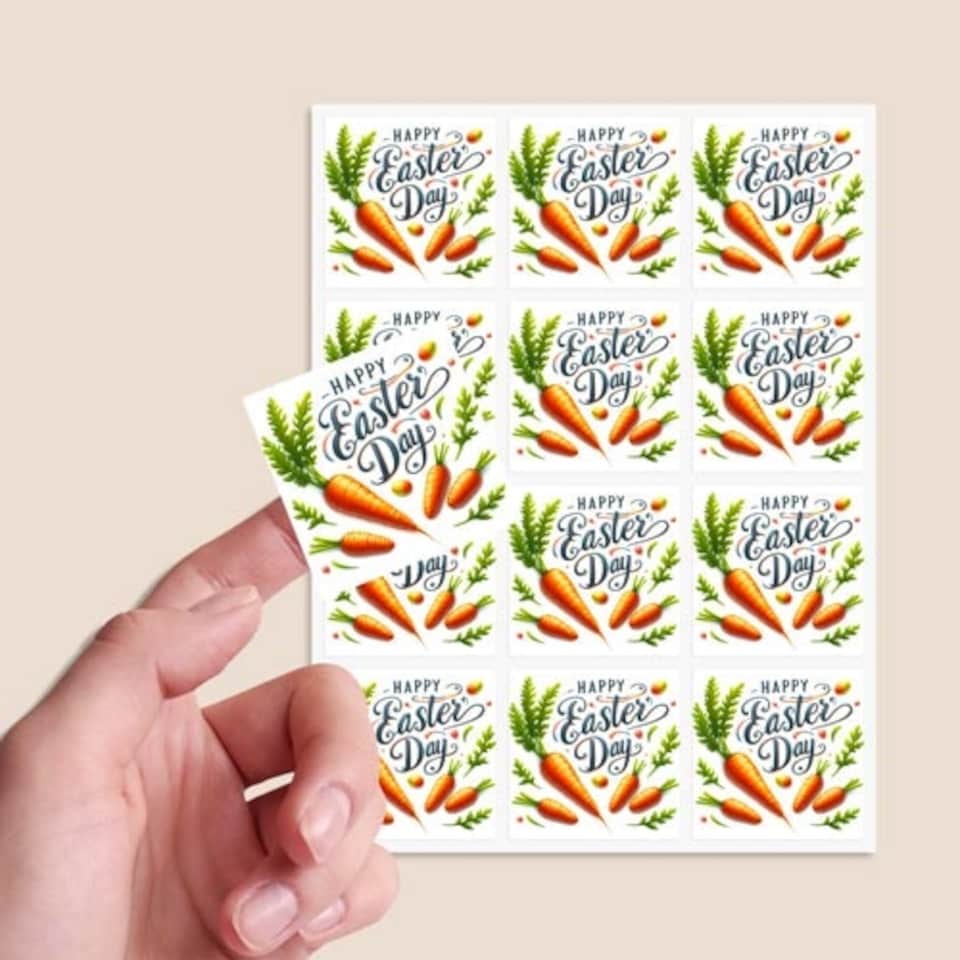 image 1 of Happy Easter Carrots Square Stickers 65mm - Sheet of 12