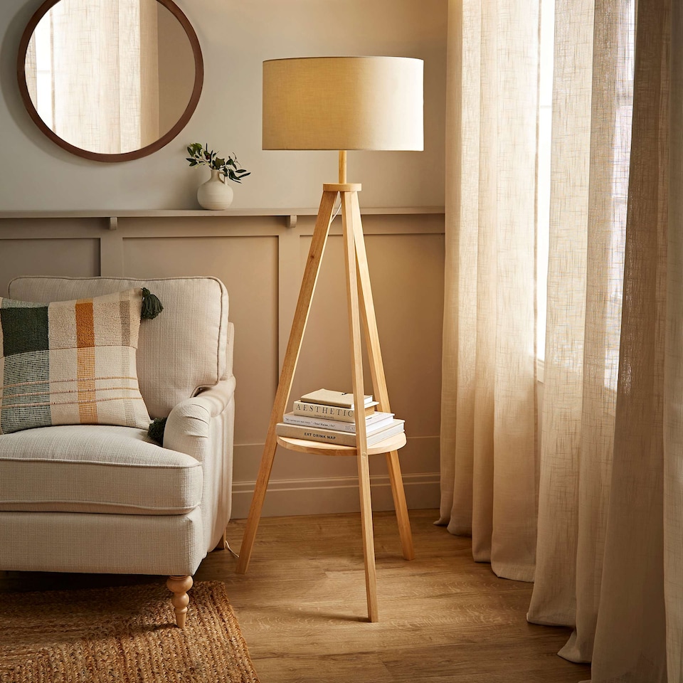 image 1 of ValueLights Morrigan Natural Shade Wood Tripod Floor Lamp | Cream