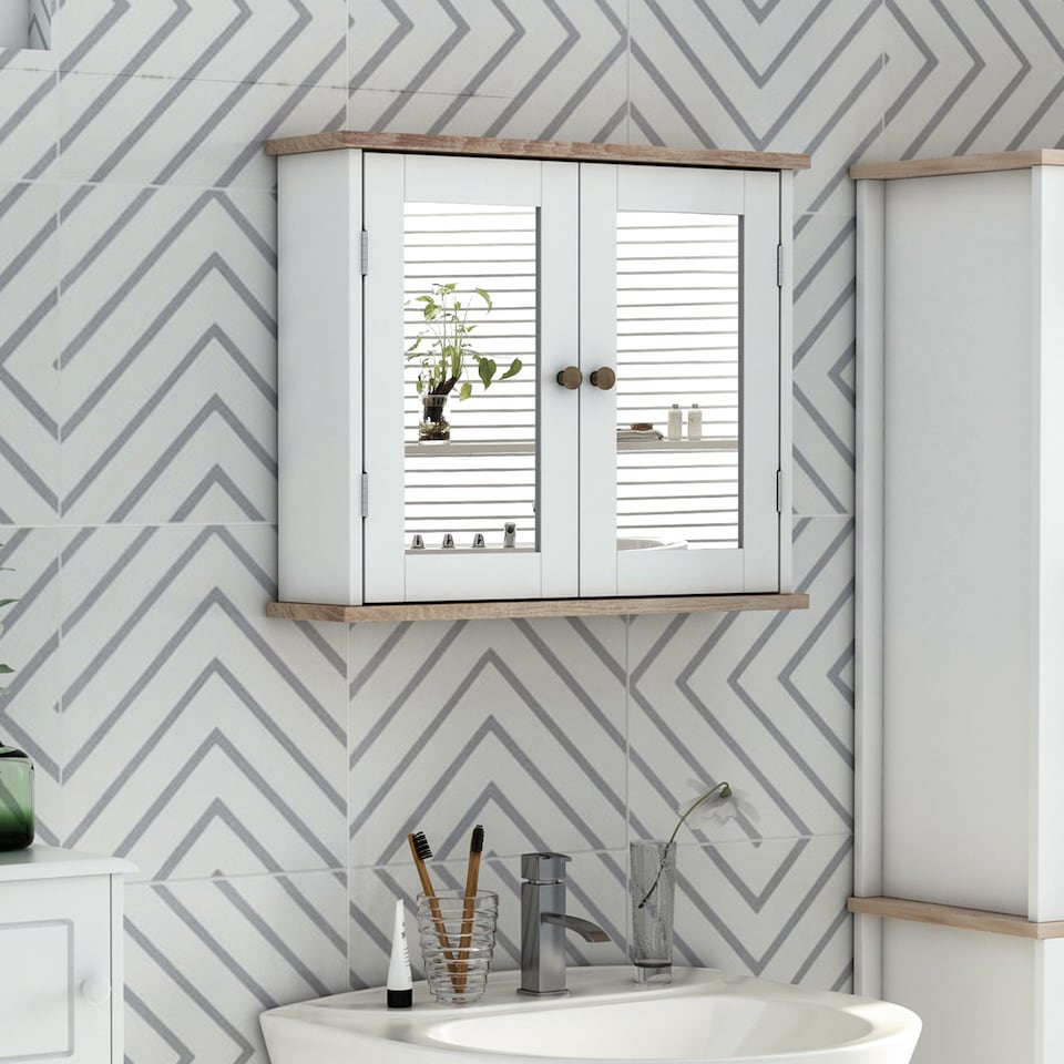 image 1 of kleankin Bathroom Mirror Cabinet Wall Mounted Storage Cupboard W/ Double Door