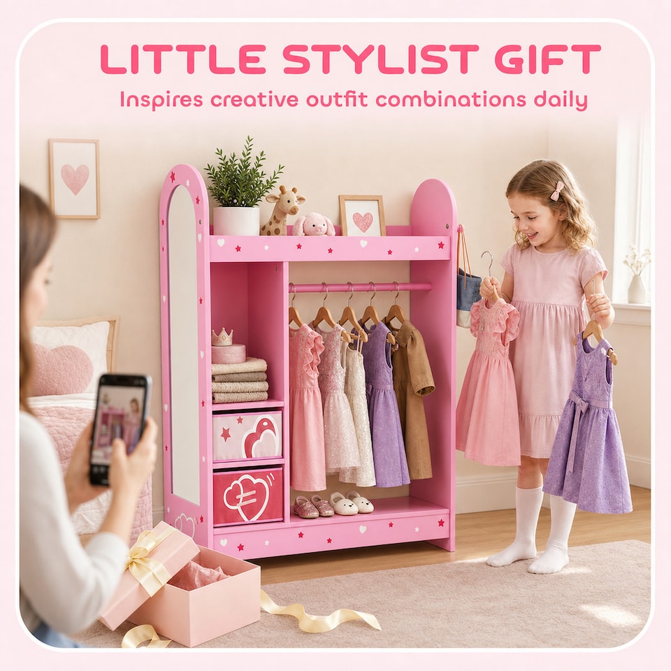 image 1 of AIYAPLAY Kids Wardrobe, Kids Clothes Rail with Mirror for Bedroom, Pink