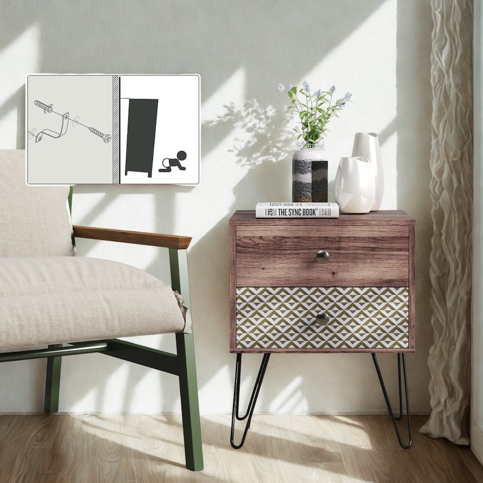image 1 of Bohemian Inspired Bedside Table Nightstand With 2 Drawers