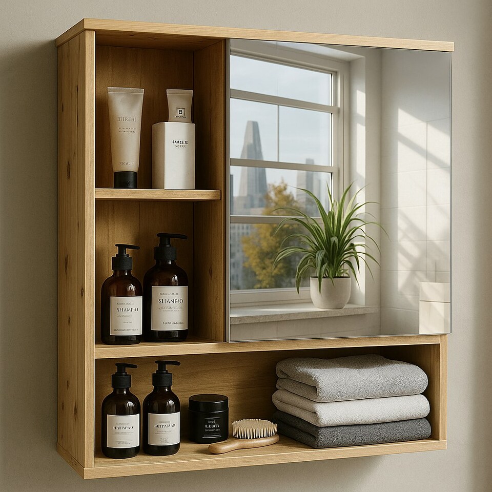image 1 of Wooden Bathroom Wall Storage Cabinet Organiser With Mirror Natural Brown Brown