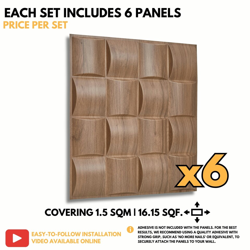 image 1 of NOVECRAFTO Lattice Effect 3D Wall Panels – 6 Sheets Covering 1.5m² | 16.15ft² Interior Cladding Set | Square Grid Design – Each Panel 50x50cm Wooden