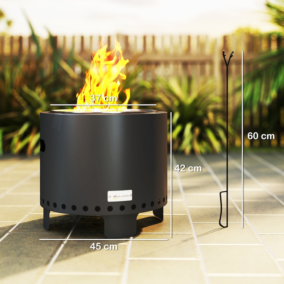 image 1 of Outsunny 45cm Smokeless Wood Burning Firepit Metal Fire Pit, Dark Grey | Grey | Dark Grey