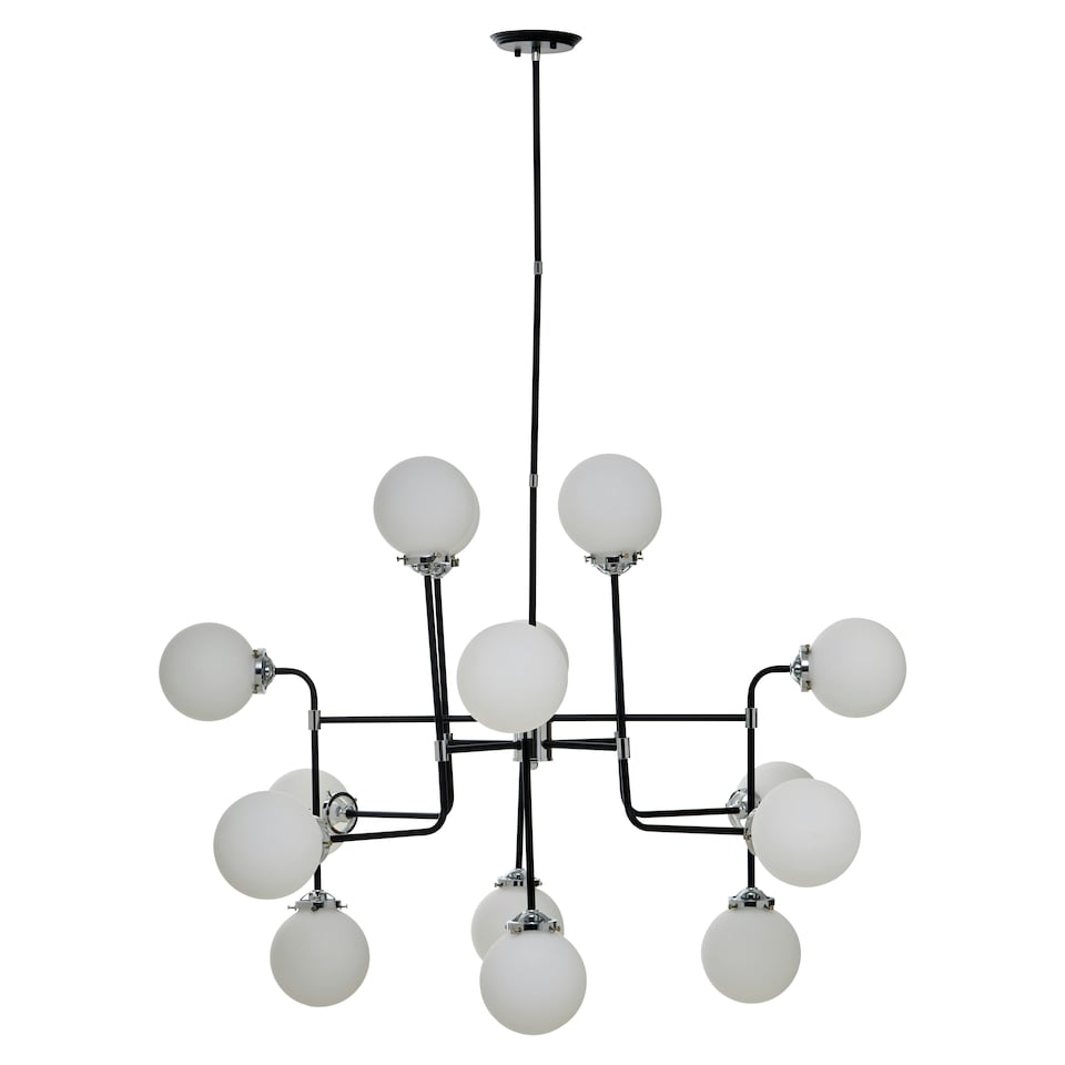 image 1 of Interiors by Premier Black and Chrome 16 Arm Pendant Light, Modern Spherical Glass Ceiling Fixture, Head Design with White Shades