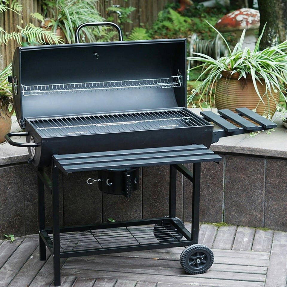 image 1 of Large Charcoal Oil Drum BBQ Grill Portable Barrel Barbecue With Lid Wheels Side Table