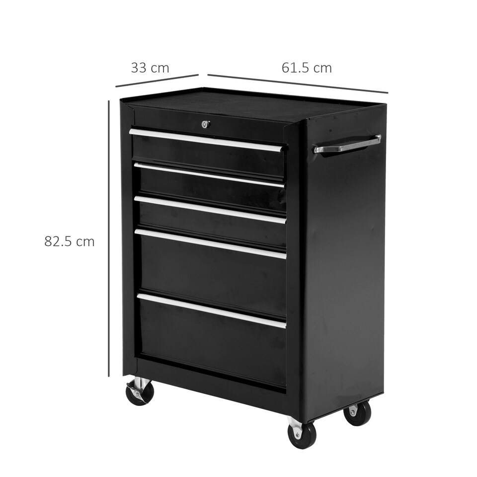 image 1 of HOMCOM 5-Drawer Lockable Steel Tool Storage Cabinet with Wheels Handle 2 Keys Organisation BoUnit Chest Garage DIY Workshop Trolley Black | Black