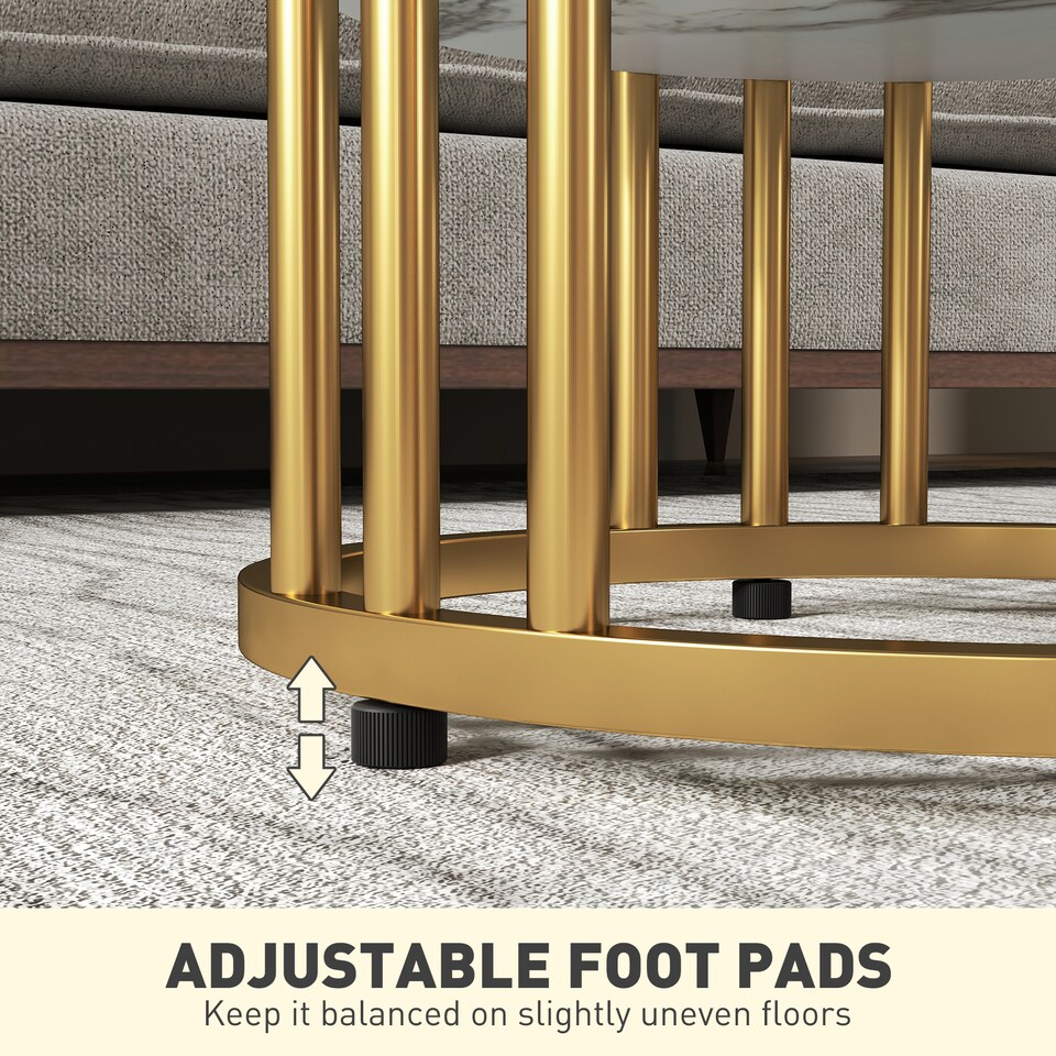 image 1 of HOMCOM Round Coffee Table Set of 2, Marble-Effect Side Tables with Storage Open Shelf and Steel Frame for Living Room, Bedroom, Gold Tone | Gold