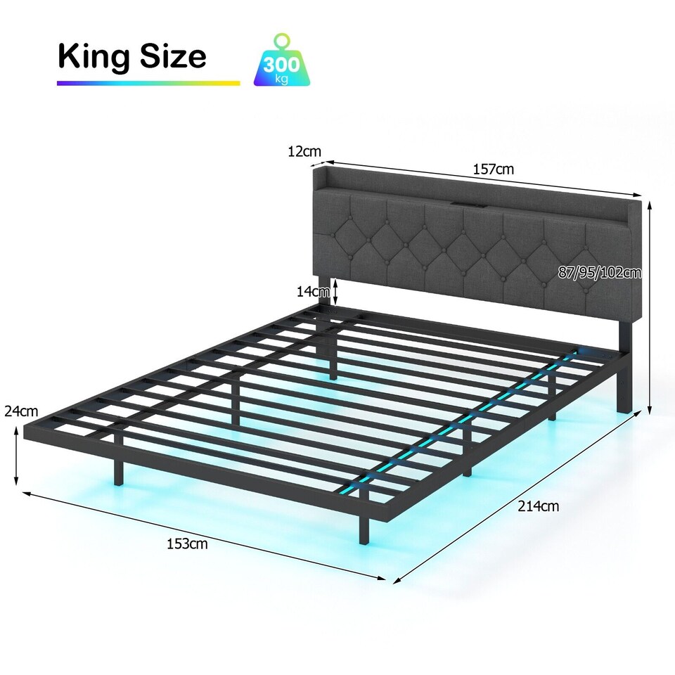 image 1 of COSTWAY King Size Floating Bed Frame with Charging Grey