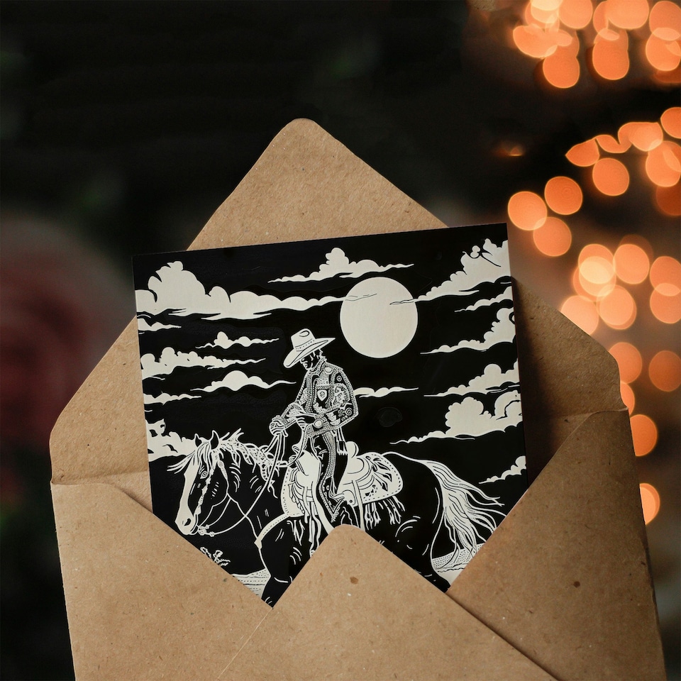 image 1 of Midnight Cowboy Black White Western Desert Birthday Card