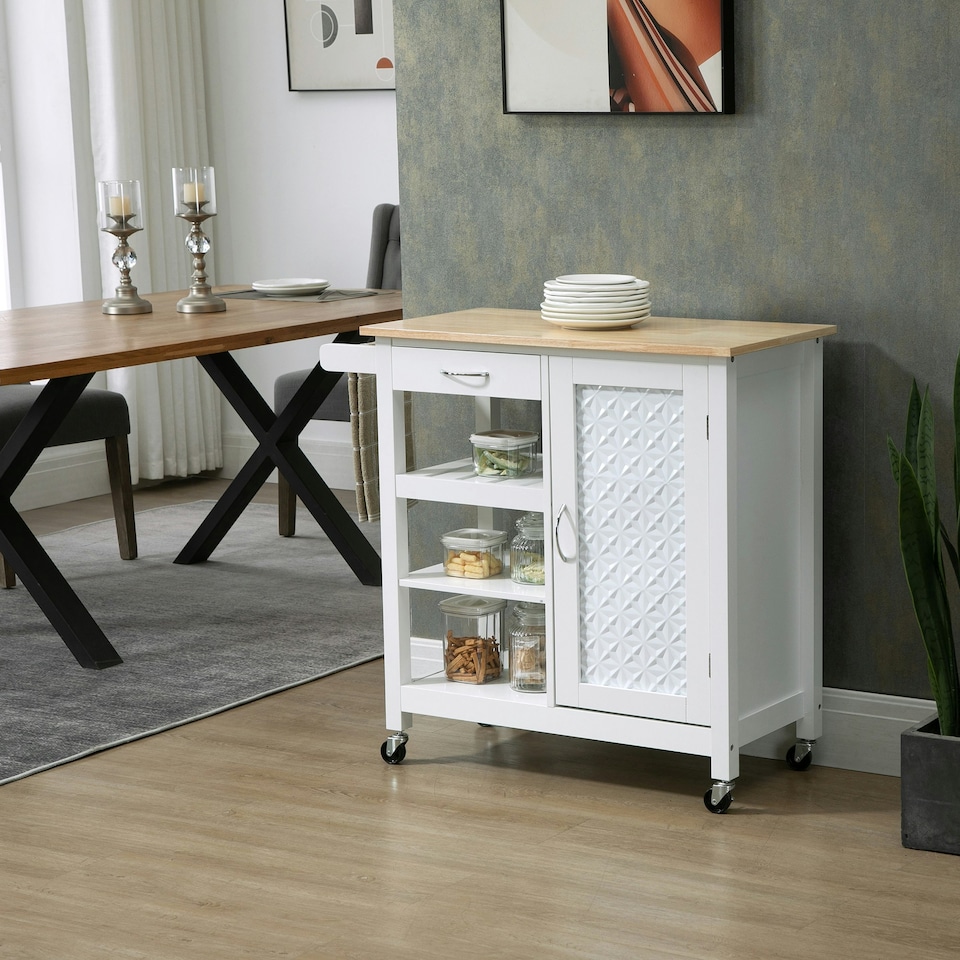 image 1 of HOMCOM Kitchen Cart on Wheels Trolley with Embossed Door Panel, Drawer, White