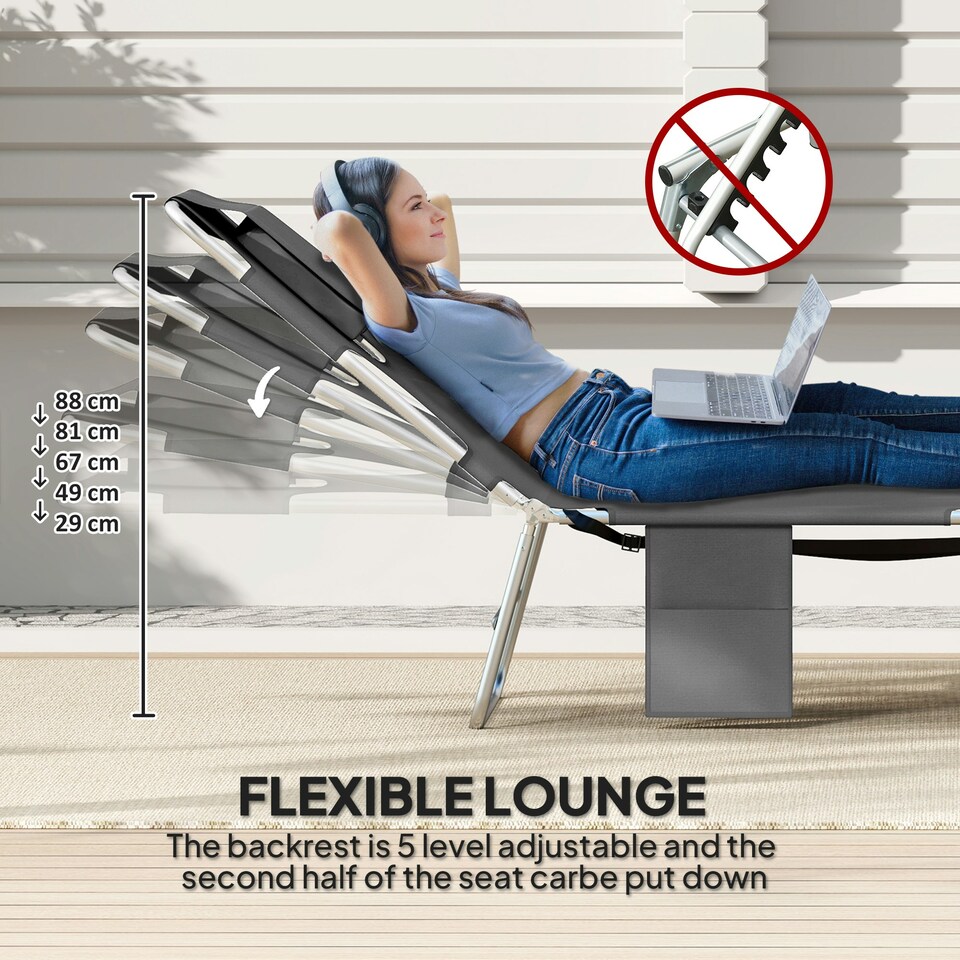 image 1 of Outsunny Foldable Sun Lounger 5 Level Adjustable Reclining Chair Dark Grey