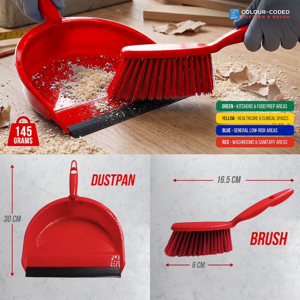 image 1 of Colour Coded Dustpan and Brush Sets Wide Plastic Dustpan with Rubber Lip and Soft Bristle Brush