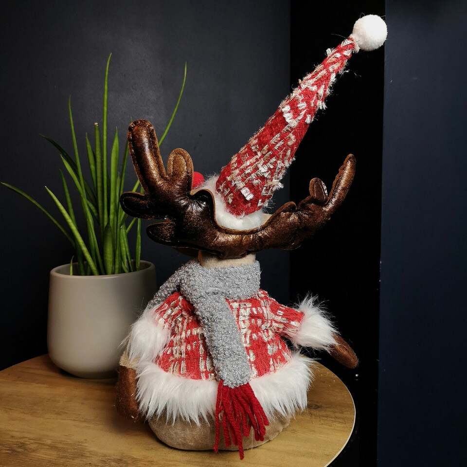 image 1 of 38cm Plush Reindeer Christmas Decoration with Hat and Scarf in Red