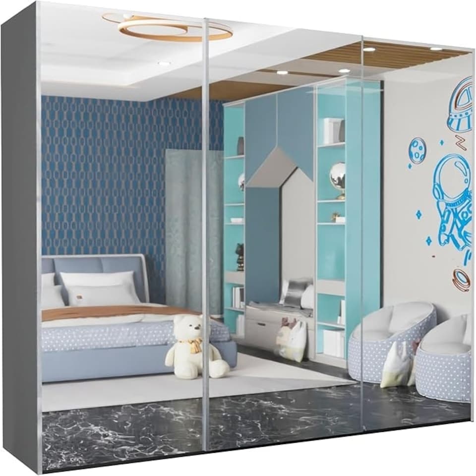 image 1 of Expansive 250cm 3-Door Sliding Mirrored Wardrobe with Integrated Drawers | White, Black, Grey Finish White | White250cm