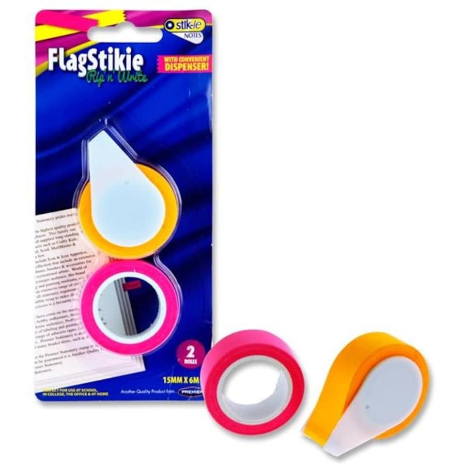 image 1 of Pack of 2 Flag Stikie Rip and Write 15mm X 6m Sticky Rolls with Dispenser by Stik-ie