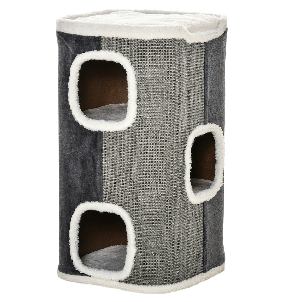image 1 of PawHut Cat Barrel Scratching Post Tree, Plush Fleece Indoor Cat Tower, Grey