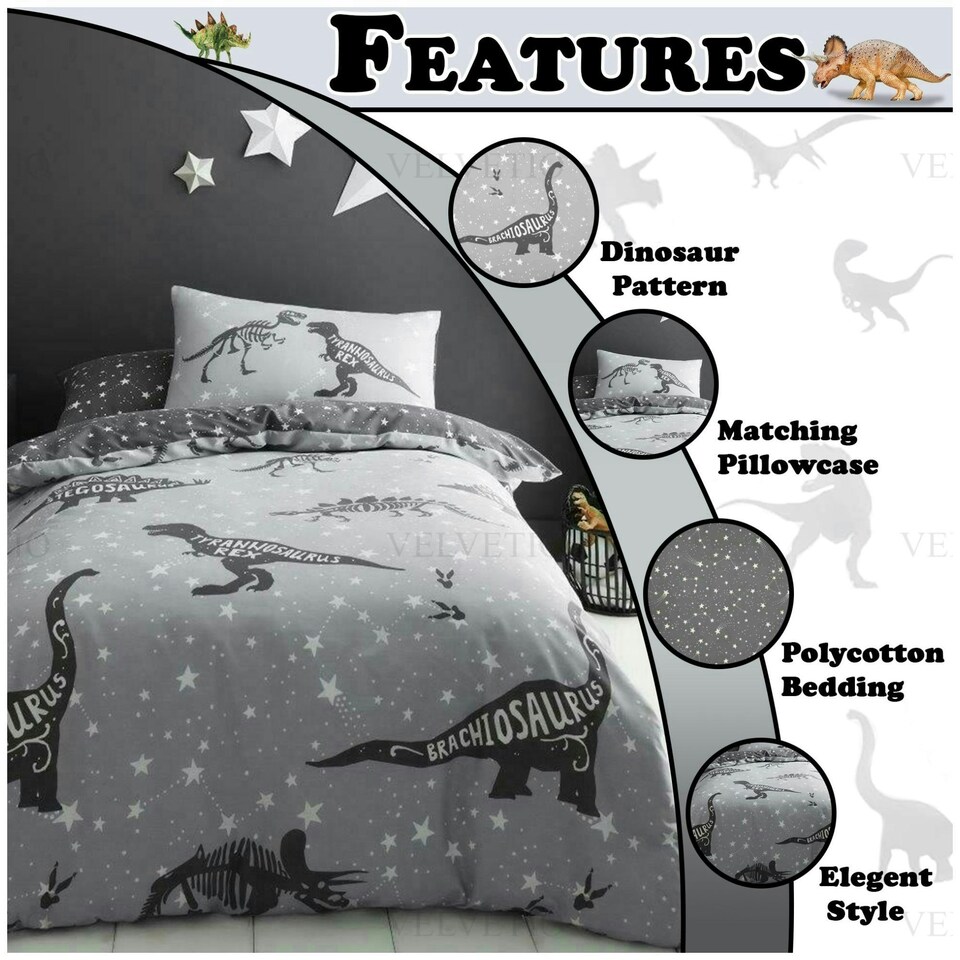 image 1 of VELVETIO Space T-Rex Duvet Cover Set Reversible Soft Polycotton Kids Beddings