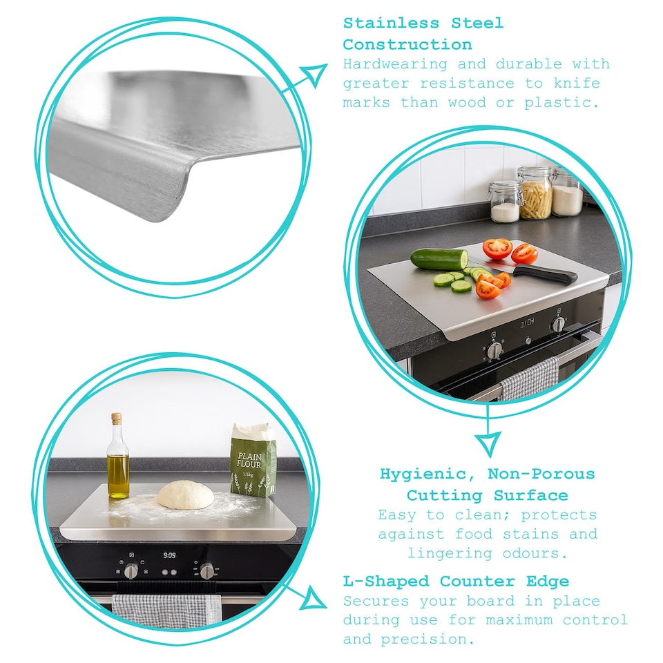 image 1 of Argon Tableware 2pc Counter Edge Chopping Board Set - Stainless Steel Non-Slip Kitchen Worktop Saver Food Cutting Protector | Silver | Silver | 40 x 30 x 2 CM | 60 x 40 x 2 CM | 2