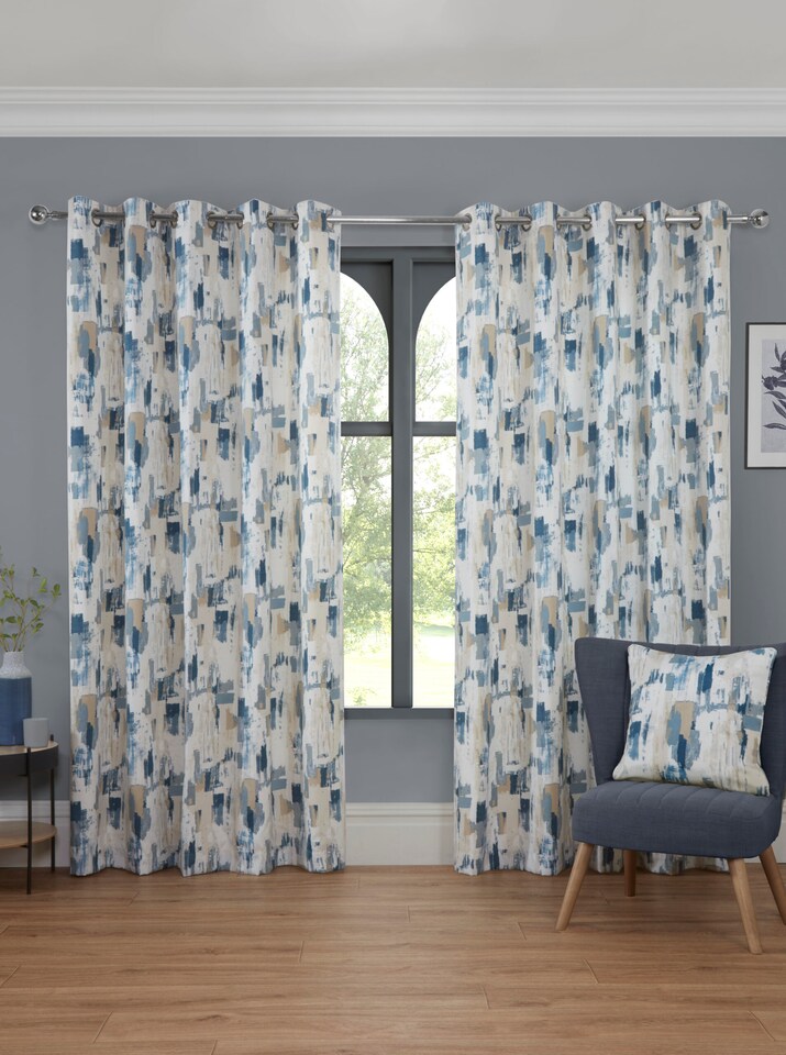 image 1 of Bamford - Fully Lined Abstract Curtains - Eyelet - Polycotton (Cobalt, Filled Cover - 18'' x 18'' (Single)) | Blue | Blue