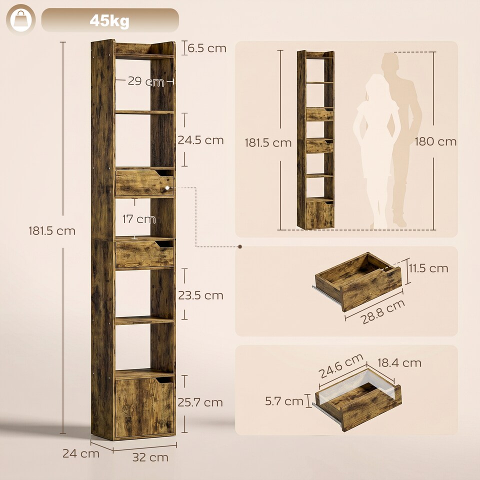 image 1 of HOMCOM Bookcase Tall Narrow with 5 Tiers Drawers