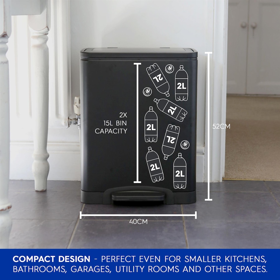 image 1 of Harbour Housewares Stainless Steel Double Kitchen Pedal Bin - 30L (2 x 15L) - Matt Black | Black | Matt Black