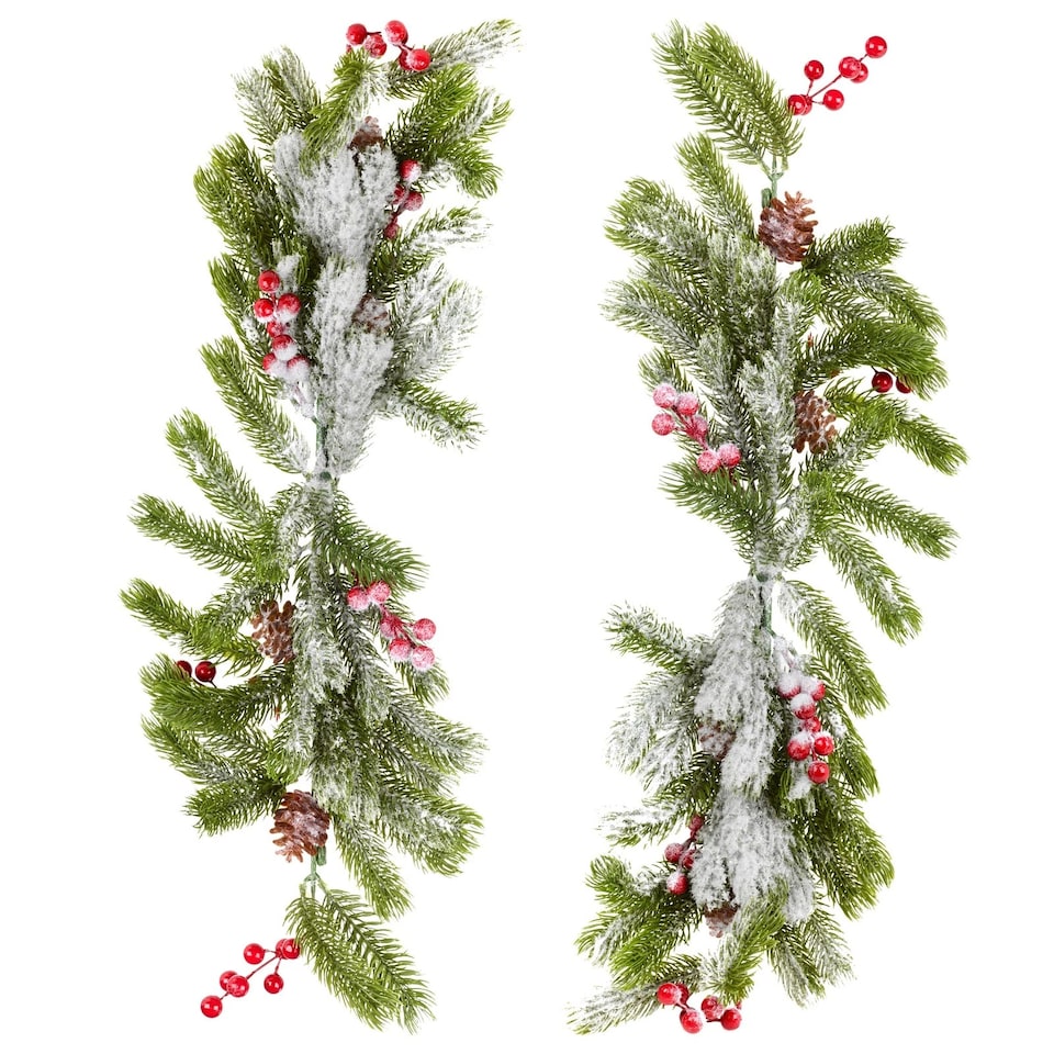 image 1 of 76cm Snowy Christmas Branch Flocked Pine Cone Red Holly Berries Pick Xmas Decor | Multi | 2