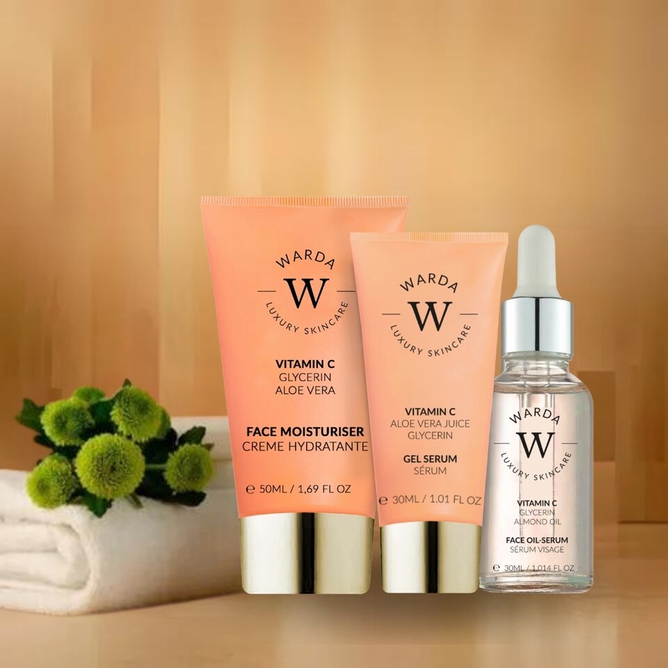 image 1 of Warda Luxury Skincare Skin Glow Boost Vitamin C Moisturiser 50ml + Vitamin C Glow Boost Oil-Serum 30ml + Skin Glow Boost Vitamin C Gel Serum 30ml