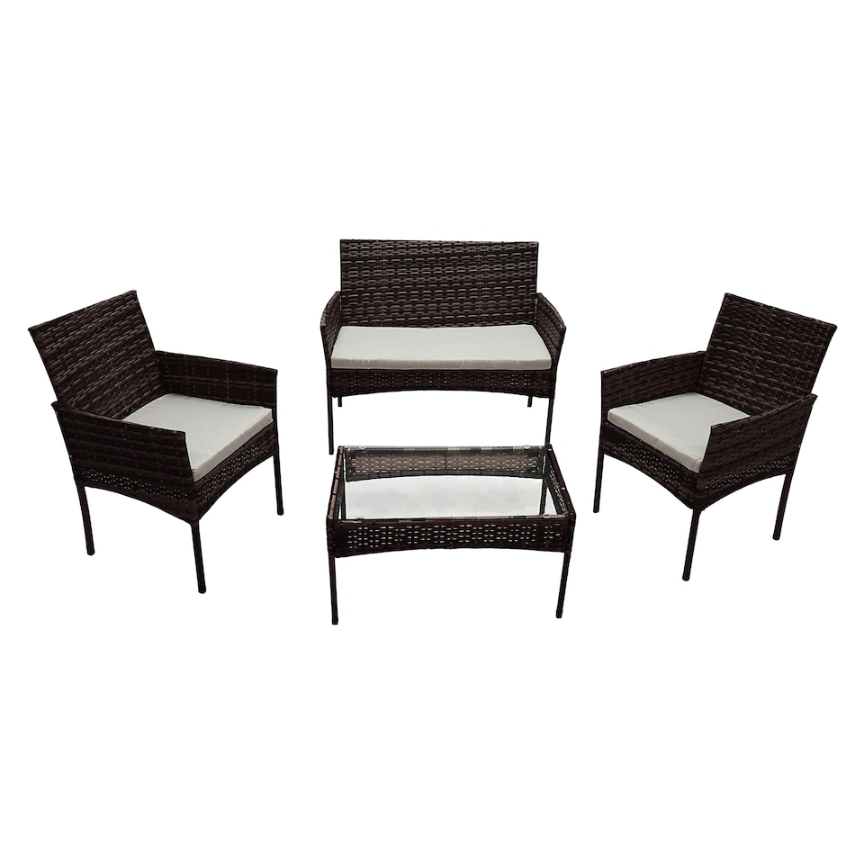 image 1 of Alivio 4 Piece Rattan Sofa Set Patio Furniture with Coffee Table Weather Resistant UV Protected Cushions for Indoor Outdoor Use | Brown | 1