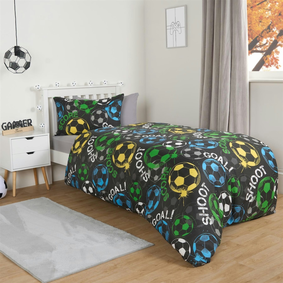 image 1 of OHS Kids Graphic Football Reversible Duvet Cover and Pillowcase Bedding Set, Single - Black