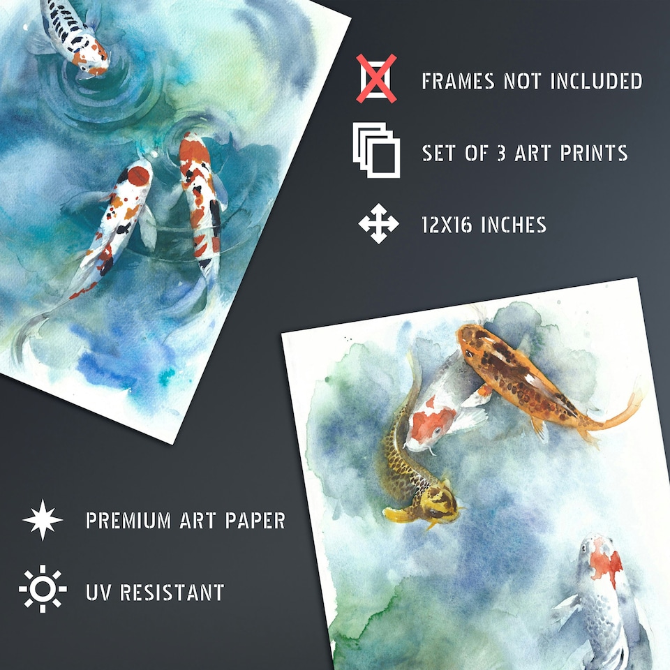 image 1 of Set Of 3 Watercolour Japanese Koi Carp Fish Pond Bathroom Wall Art Prints 12X16 Inch