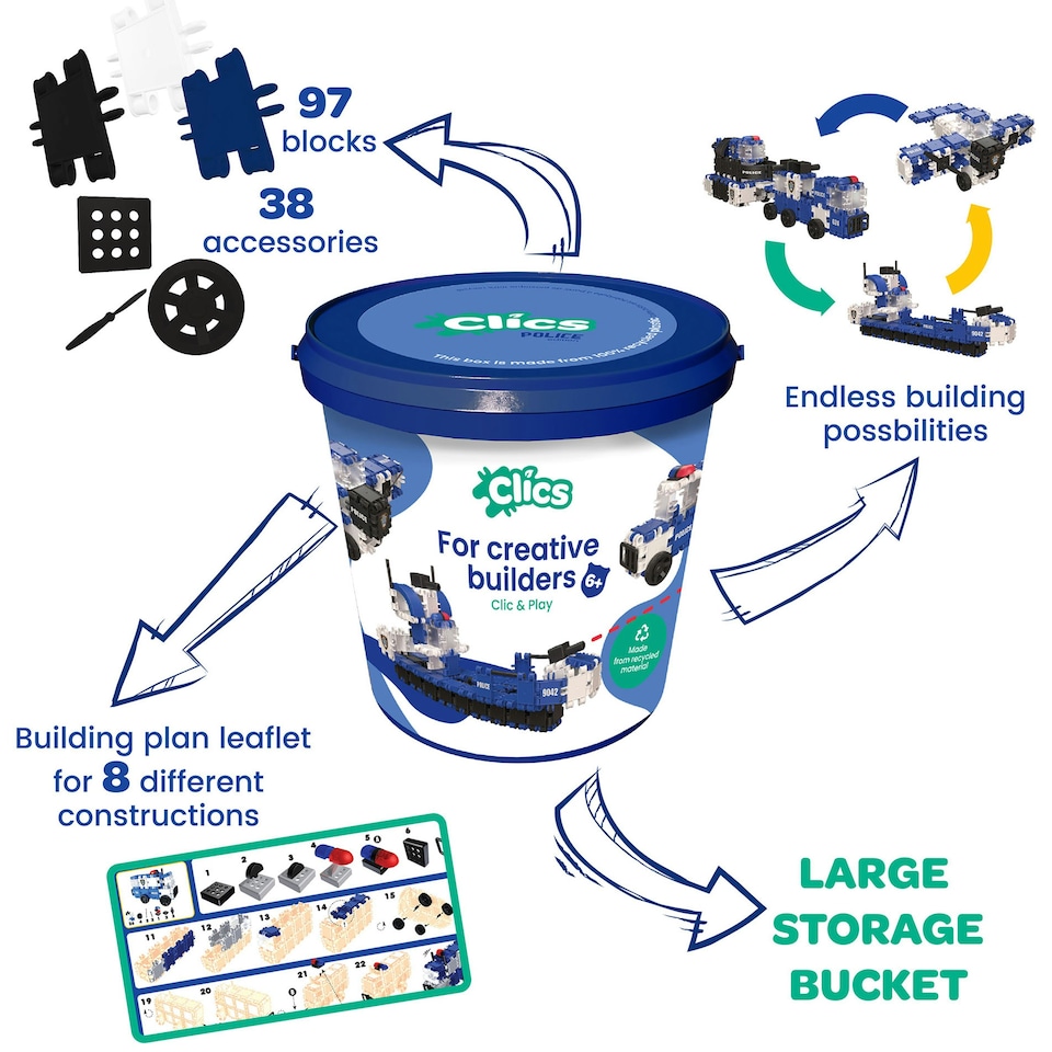 image 1 of Clics Bucket Police Click and Play Bucket 135 Pieces