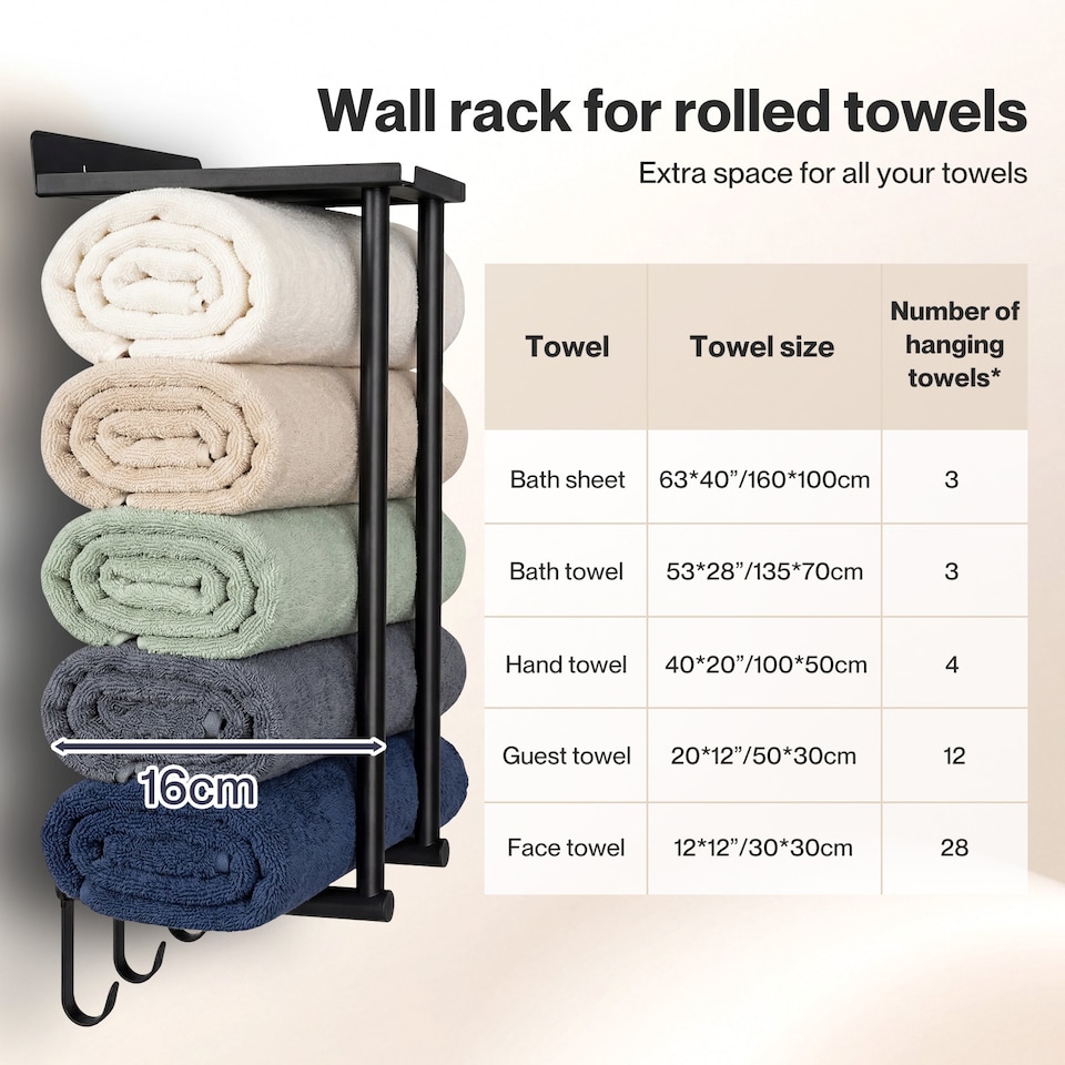 image 1 of Levede Towel Rack Wall Mounted Shelf Bathroom Storage Holder with Hooks Black