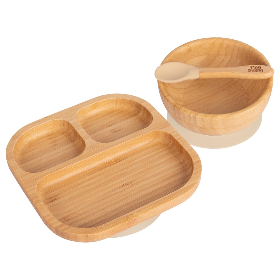 image 1 of Tiny Dining 3pc Divided Bamboo Suction Dinner Set - Beige