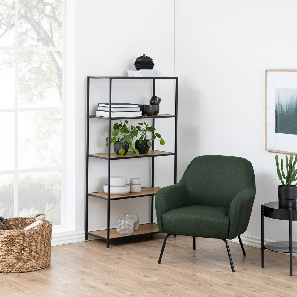 image 1 of Seaford Tall Black Metal Bookcase with 4 Oak Shelves