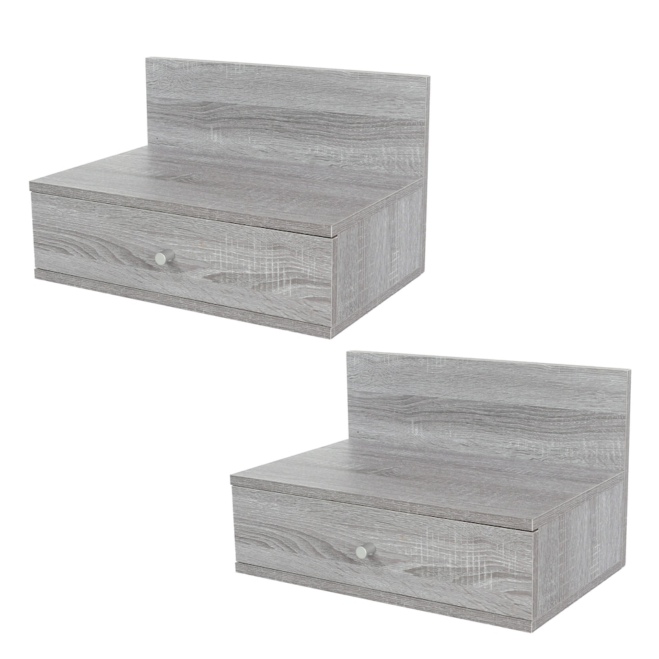image 1 of Pair of Kelly Wall-Mounted Bedside Cabinets with Drawer - Modern Floating Bedside Tables | Grey | Grey Oak Effect | One Size | 2