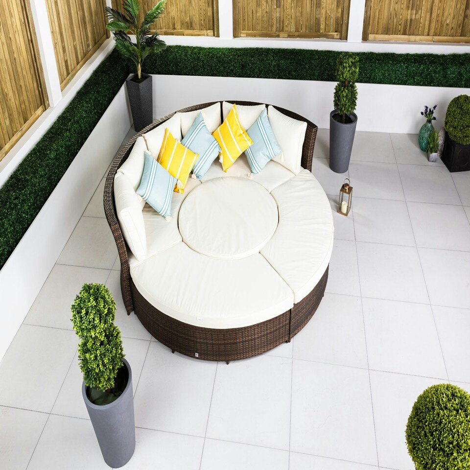 image 1 of GIardino 3-in-1 Rattan Garden Sofa Daybed Set Water Resistant Assembled Brown | Ivory