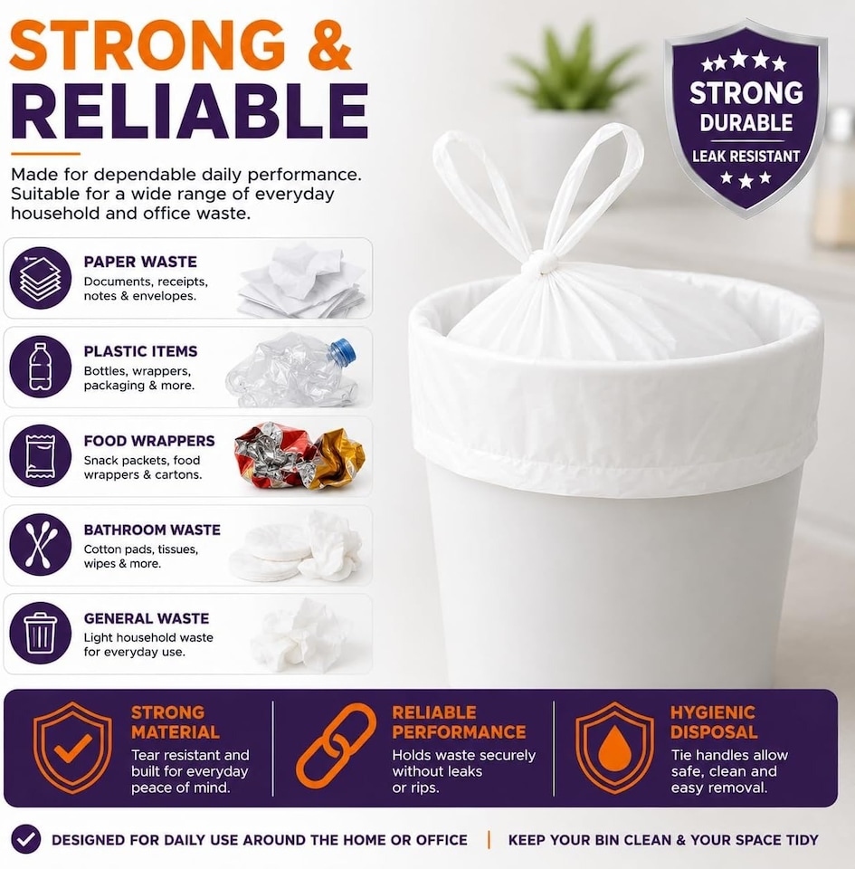 image 1 of Hero 15L White Tie Handle Bin Liners - Pack of 40 Small Waste Basket Bags for Bathroom, Bedroom, Office & Utility Bins