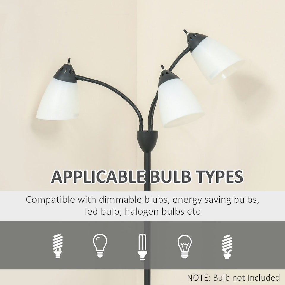 image 1 of HOMCOM Tree Floor Lamp with 3 Adjustable Light, Industrial Standing Lamp, Black