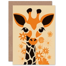 Cute Flowers Orange Floral Kids Giraffe Baby Birthday Card
