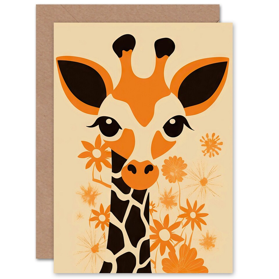 image 1 of Cute Flowers Orange Floral Kids Giraffe Baby Birthday Card