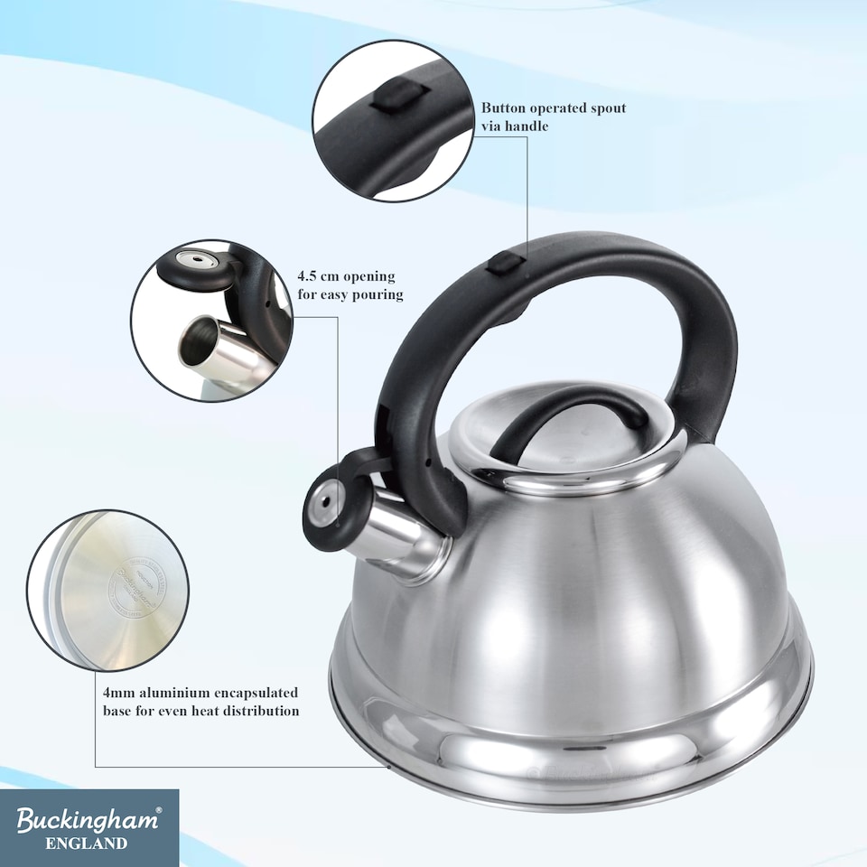 image 1 of Buckingham Stainless Steel Whistling Kettle Stove Top Induction 3 Litre