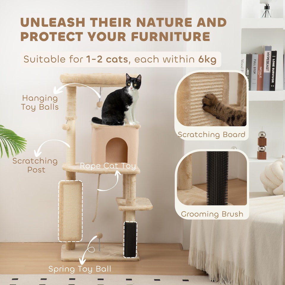 image 1 of PawHut Cat Tree for Indoor Kittens, 132cm Cat Tower with Scratching Posts and Pad, Bed, House, Jumping Platform, Grooming Brush, Toy Balls, Anti-Tip Kit, Cat Climbing Frame, Beige