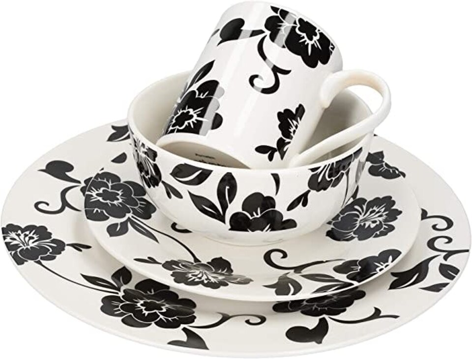 image 1 of Creative Tops 16pc White and Black Floral Porcelain Dinner Set