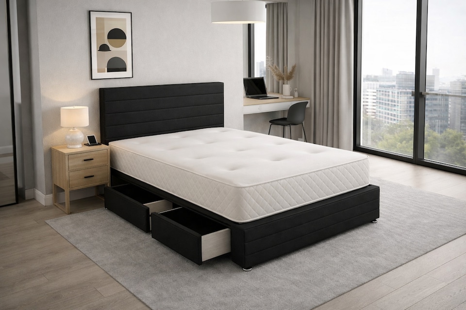 image 1 of Divan Bed Set Headboard and Footboard with Mattress 3ft Single Black Suede Storage 2 Drawers Right Side Laying in Bed