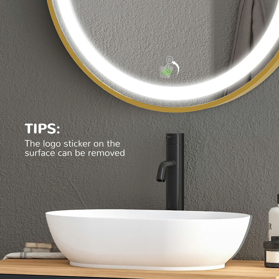 image 1 of kleankin Wall Mounted LED Bathroom Mirror with 3 Light Colours Time Display Gold