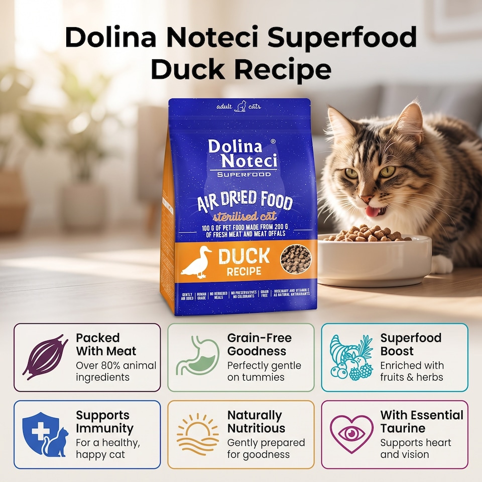 image 1 of Dolina Noteci Superfood Duck Recipe Premium Dried Cat Food for Adult and Sterilised Cats 1kg Rich in Natural Healthy Nutrients x4