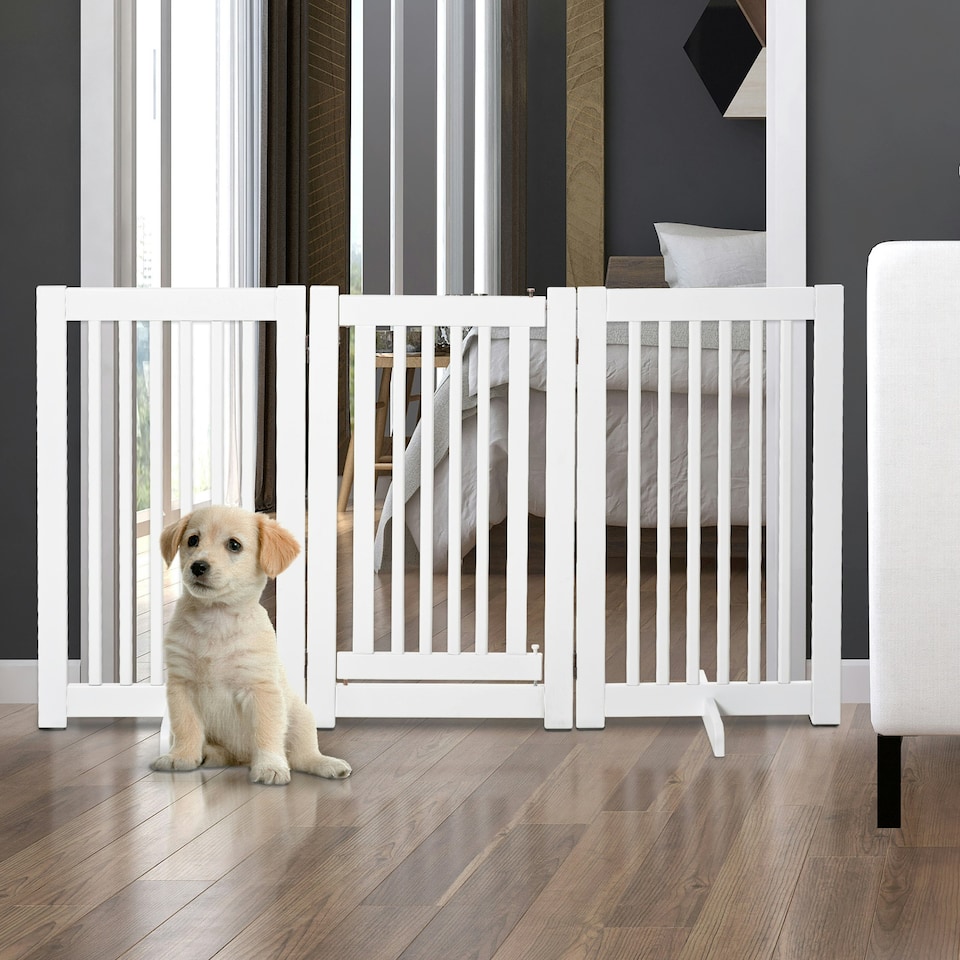 image 1 of PawHut 155cm Expandable 3-Panel Freestanding Dog Pet Gate w/ Latched Door White