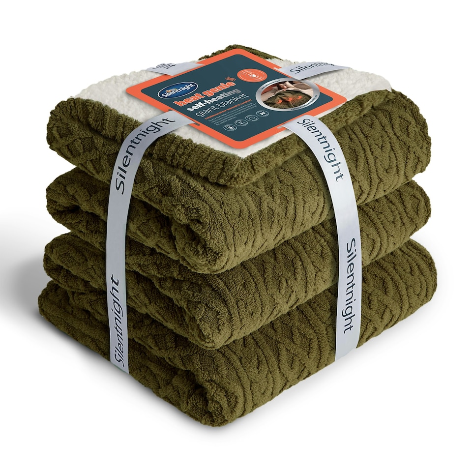 image 1 of Silentnight Heat Genie Self Heating Giant Blanket Green Cable Knit Green